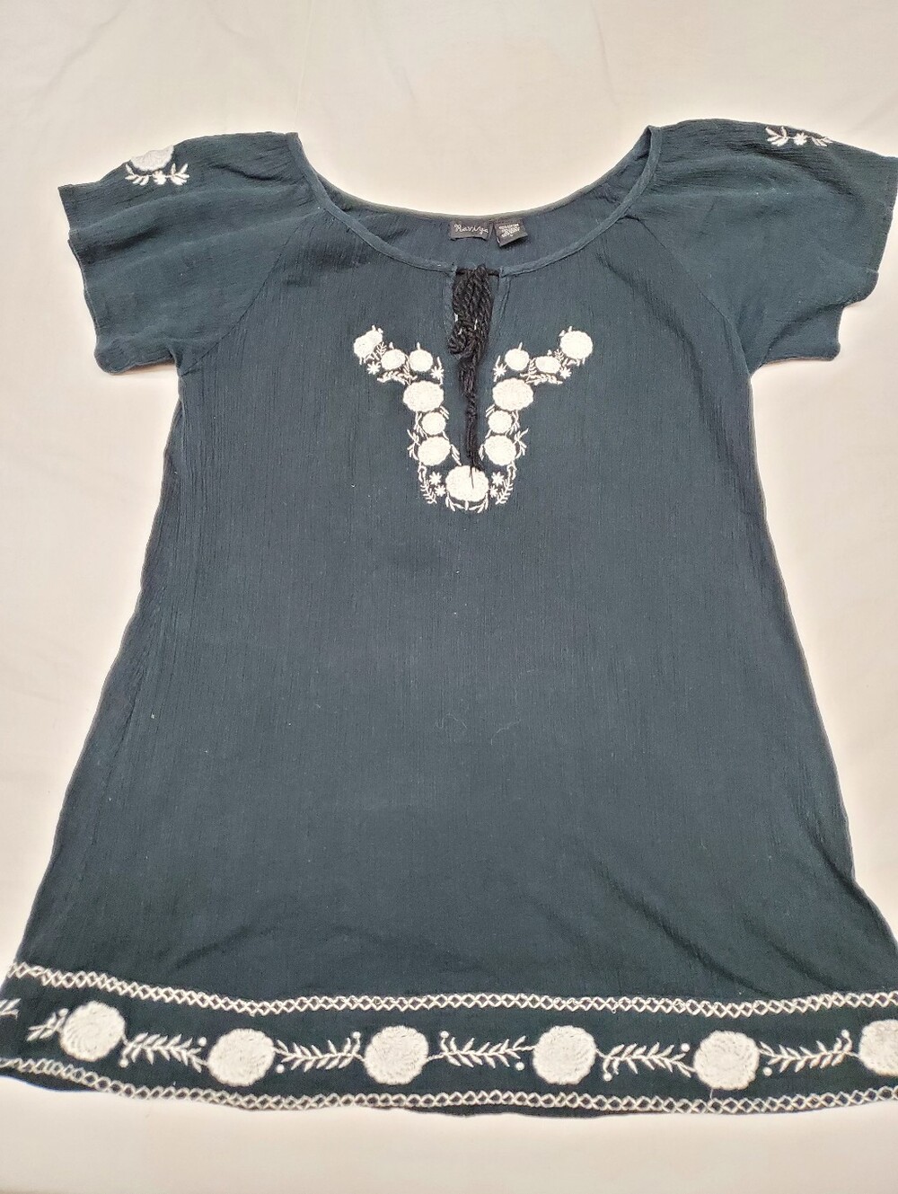 Raviya Black Embroidered Peasant Tunic Top Large 100% Cotton Boho Cottagecore